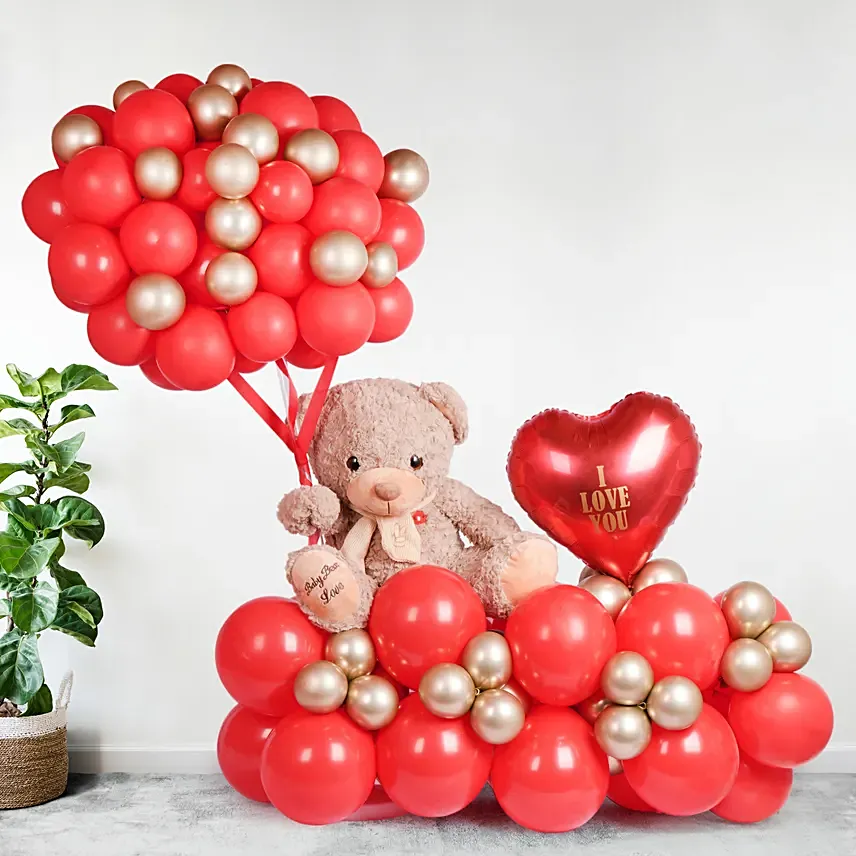 I Love You Balloon Arrangement With Teddy Red