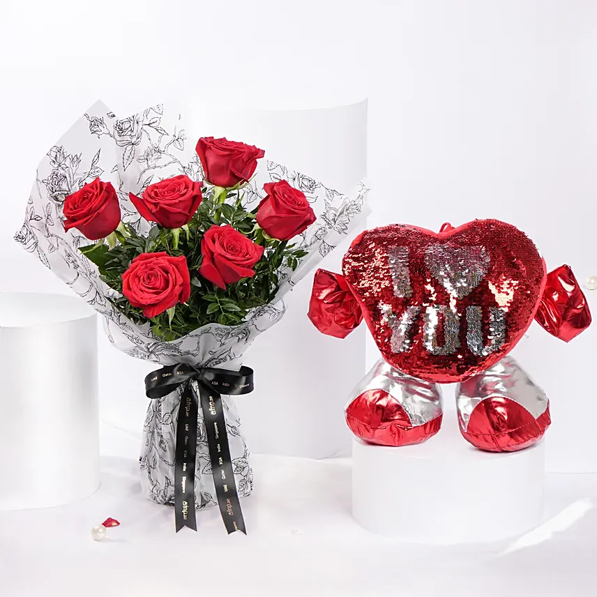 Bouquet of 6 Red Roses With Hugging Heart for Valentines