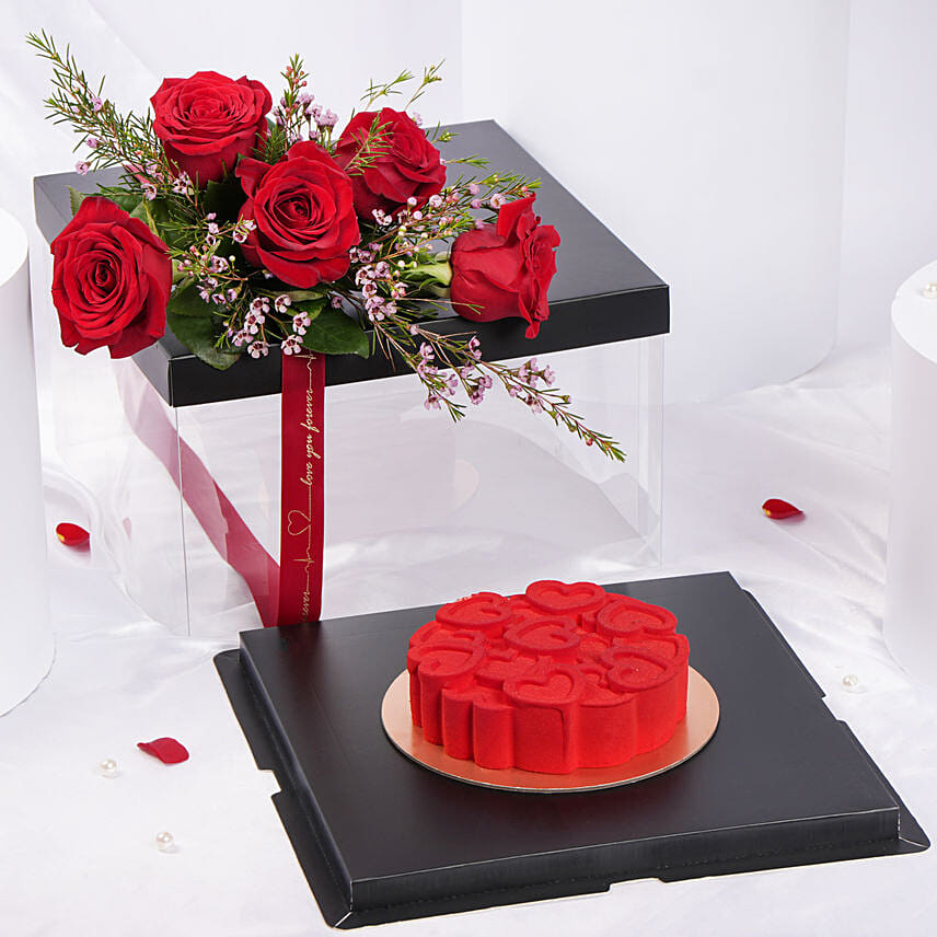 Valentines Red Roses And Cake Box