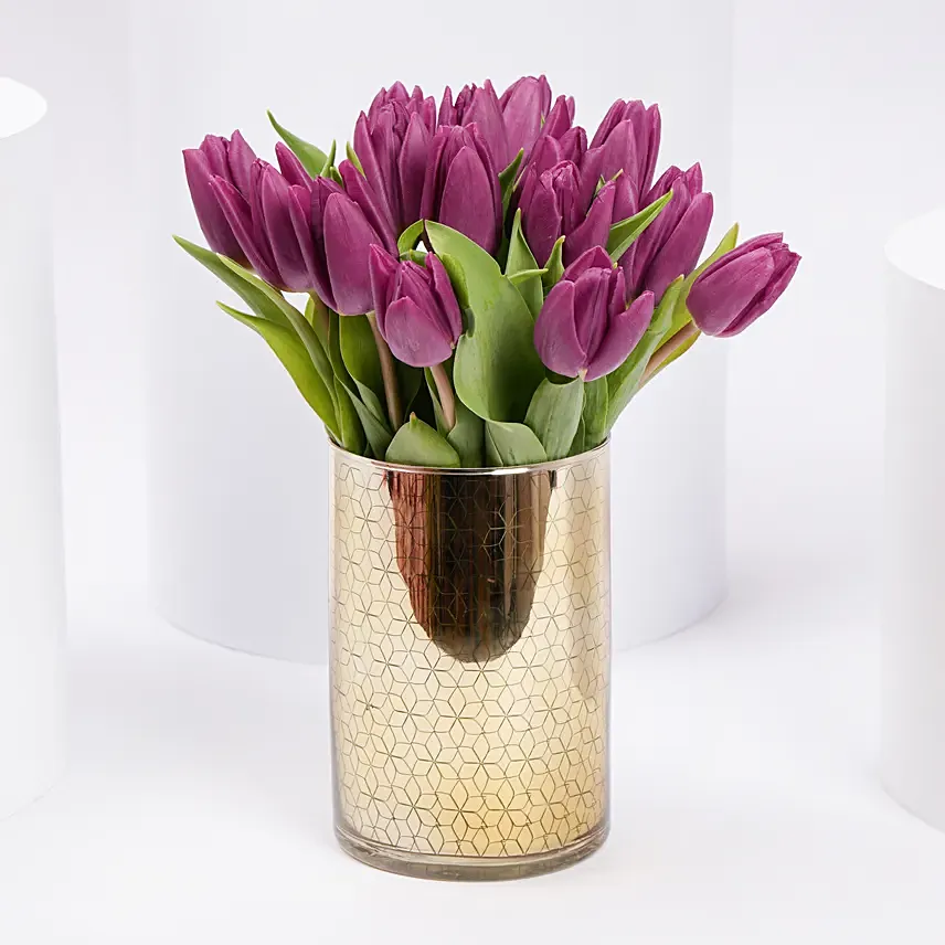 Purple Tulips in Gold Vase