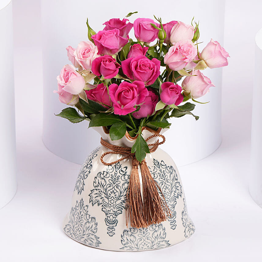 Spray Roses in Ceramic Pouch Vase