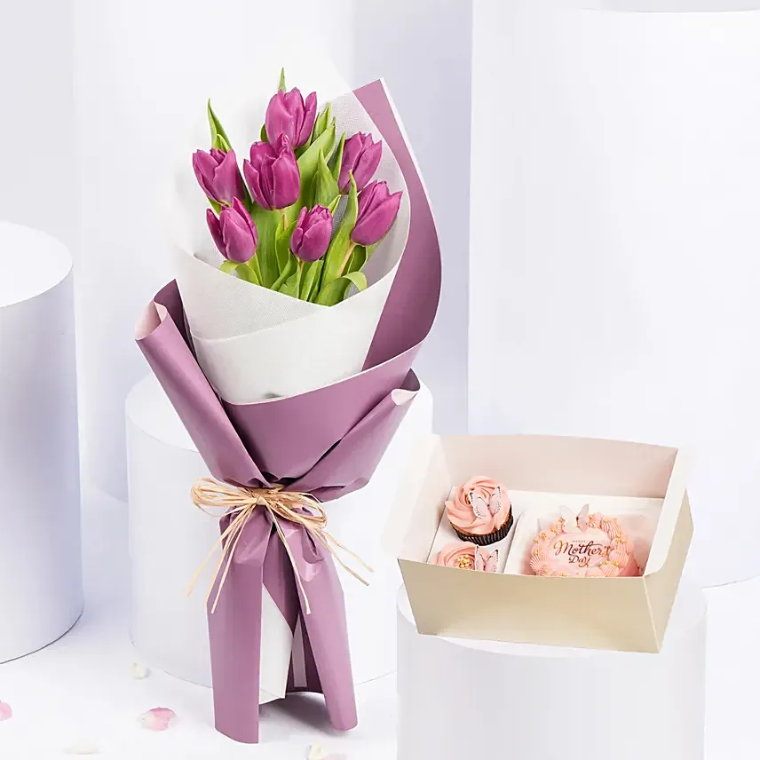 Purple Tulips In Bouquet With Bento Cake and Cup Cakes