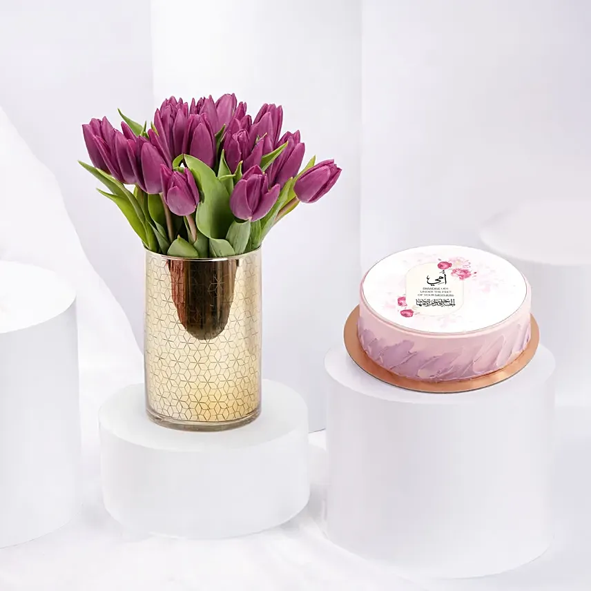 Purple Tulips In Gold Vase With Chocolate Cake