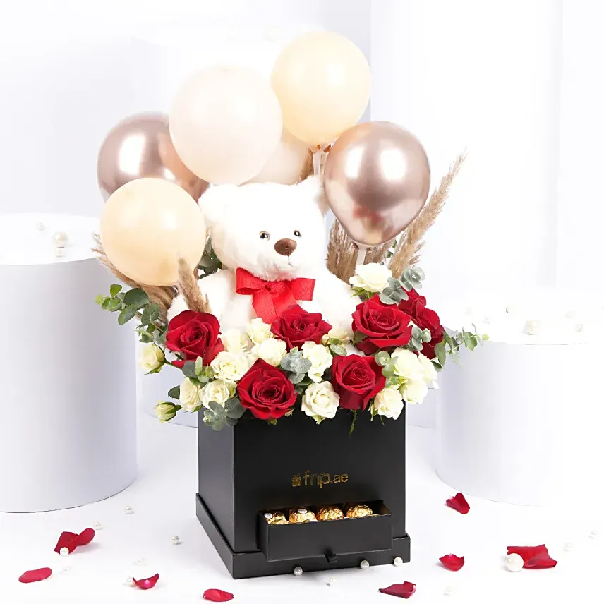 Teddy Balloon And Flower Box With Chocolates