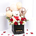 Teddy Balloon And Flower Box With Chocolates