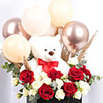 Teddy Balloon And Flower Box With Chocolates