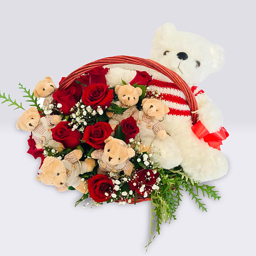 Basket of Cute Teddies & Roses