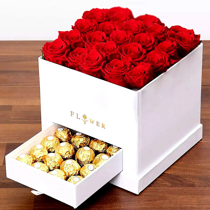 Red Roses Arrangement In White Box