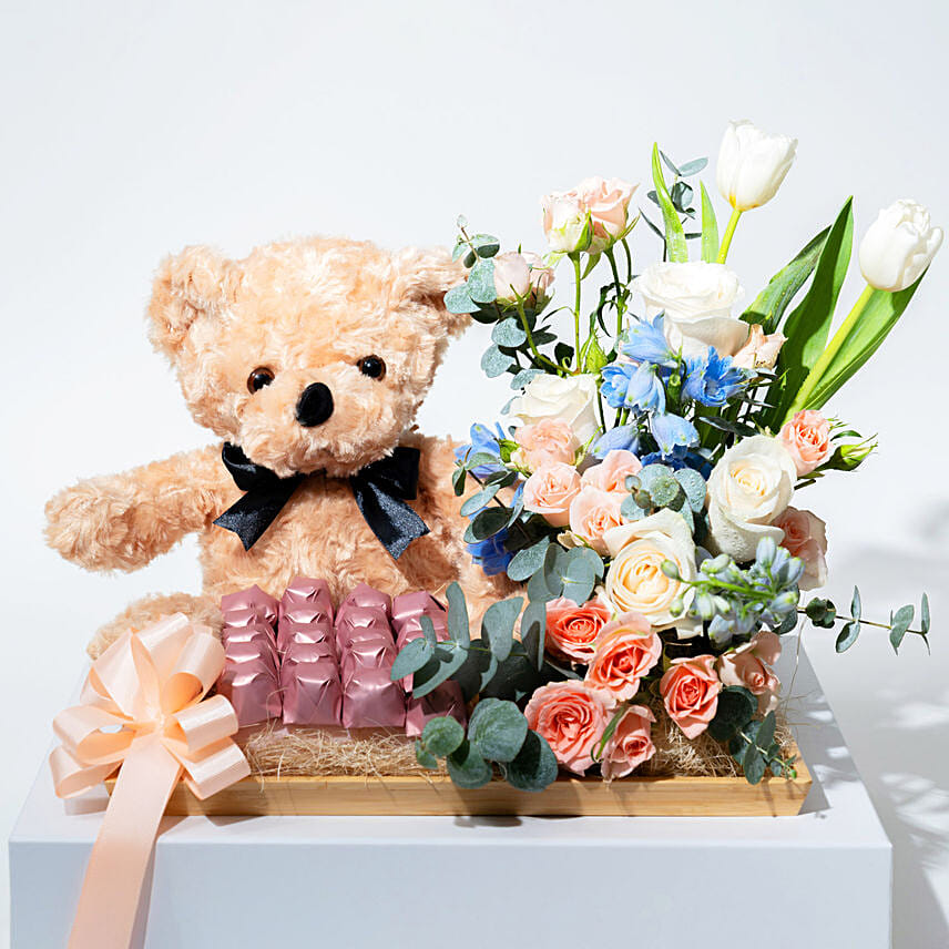 Flowers Arrangement with Teddy Bear