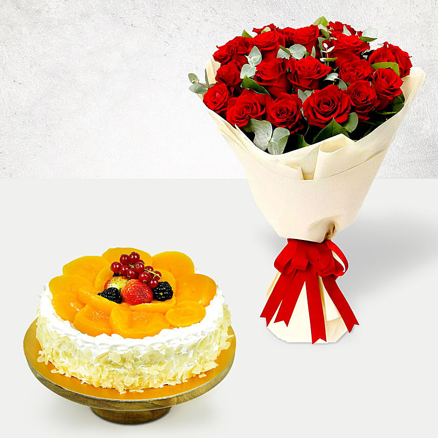 Fruit Cake And Red Rose Bouquet