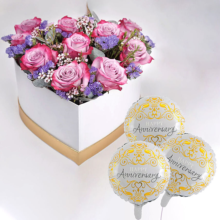 Delightful Mixed Flowers In Heart Shaped Box With Anniversary Balloons