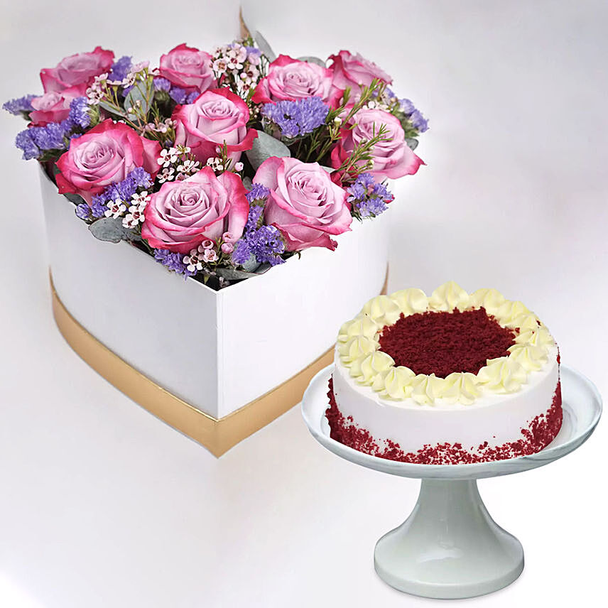 Delightful Mixed Flowers In Heart Shaped Box With Red Velvet Cake