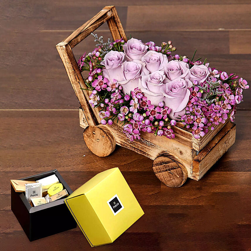 Elegant Arrangement of Purple Roses With Patchi Chocolates