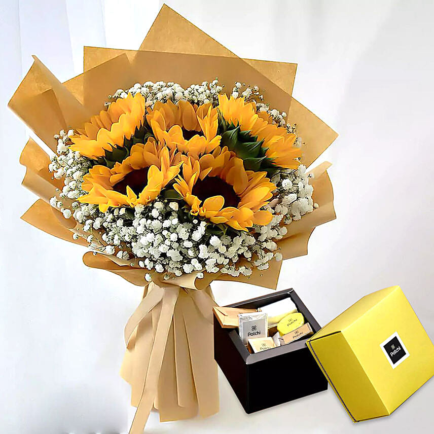 Ravishing Sunflowers Bouquet Beautifully Tied With Patchi Chocolates