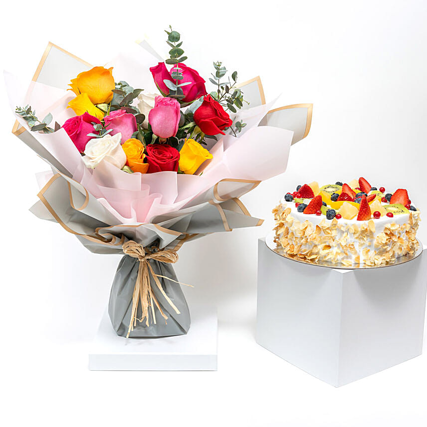 Mixed Color Flower Hand Bouquet with Fruit Cake