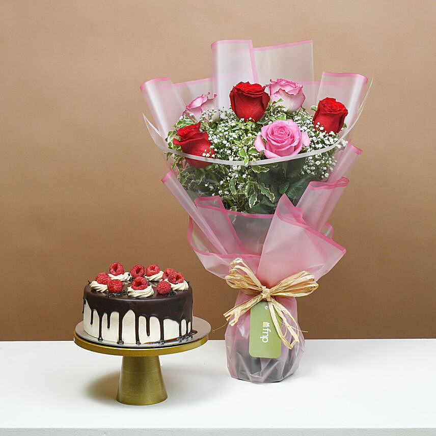 Loves Blushing Roses with Dripping Chocolate Cake