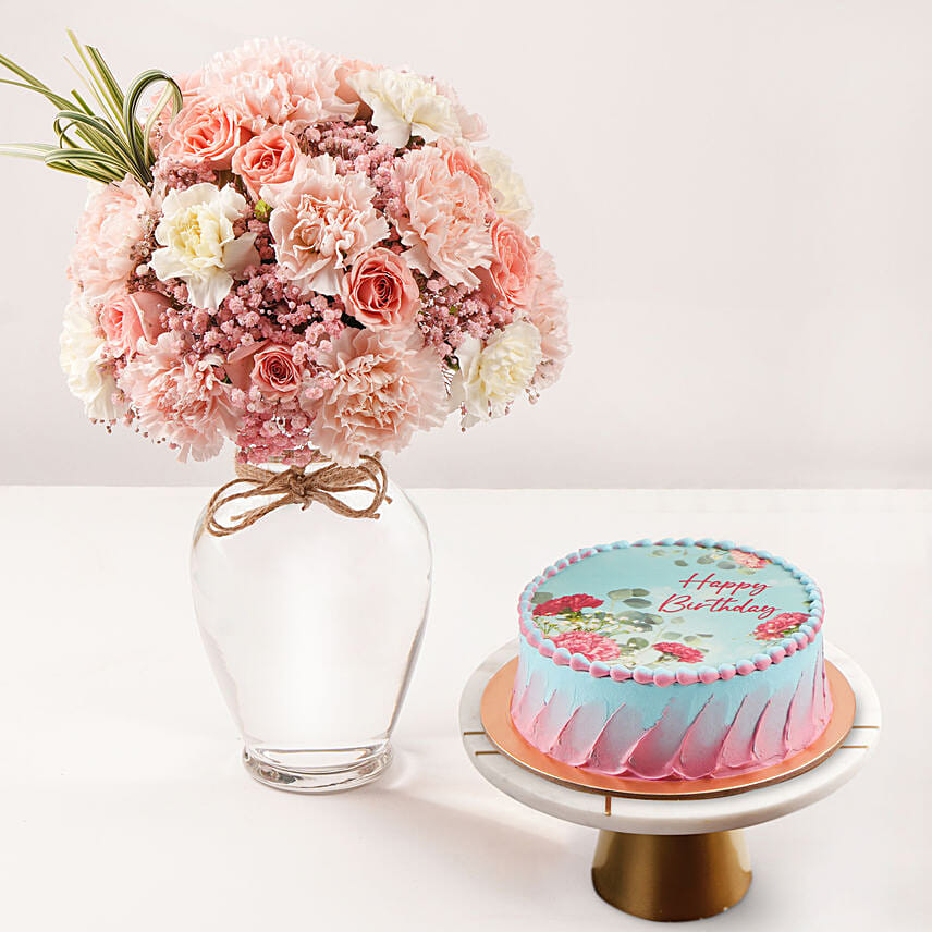 January Birthday Wish Flowers Vase And Cake