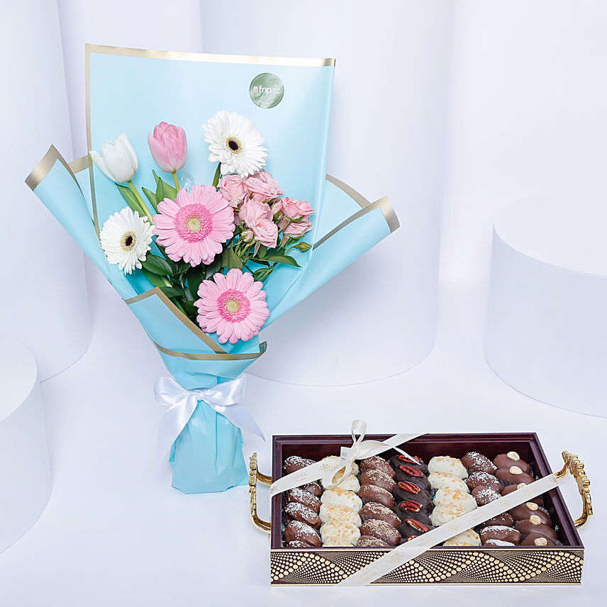 Assorted Dates Tray With Beautiful Flowers