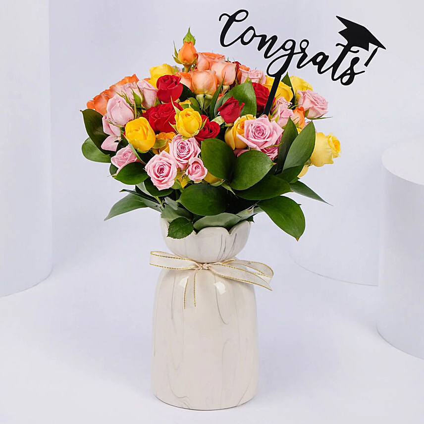 Mixed Color Baby Roses Vase Arrangement | Graduation Day
