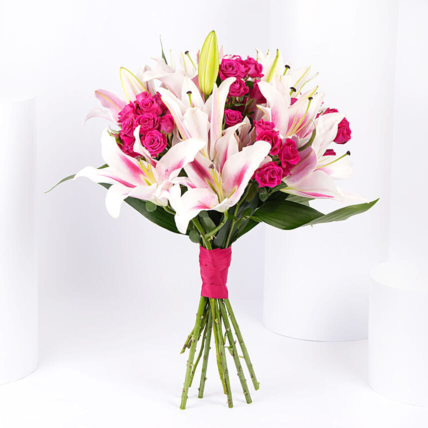 Pink Lily and Baby Rose Bouquet - Fragrant Embrace