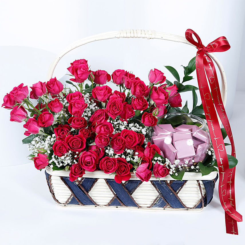 Spray Roses & Chocolates Basket Arrangement