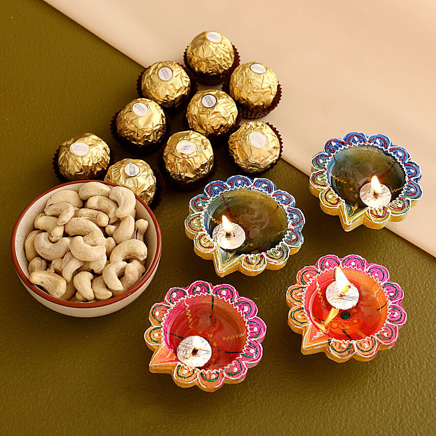 Multi Color Diyas With Kaju and Rocher