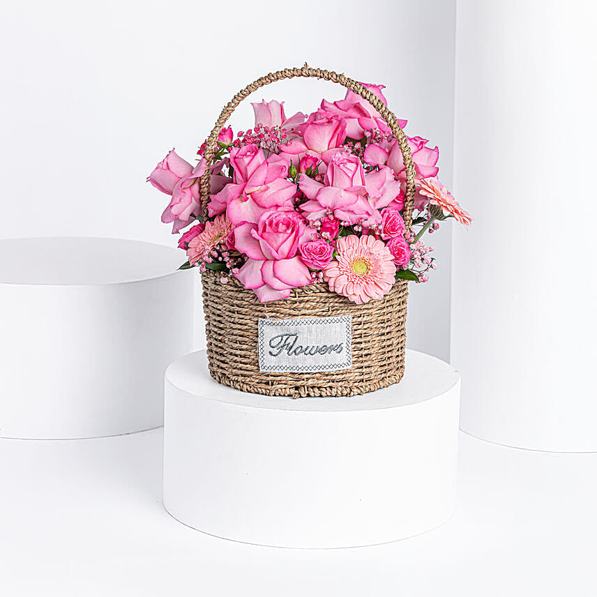 Pink Flowers Basket Arrangement