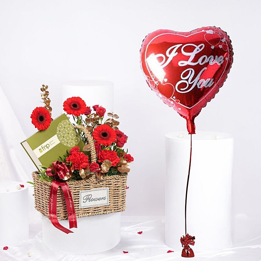 Valentine Combo | Flower Basket With Chocolate n Heart Shape Balloon