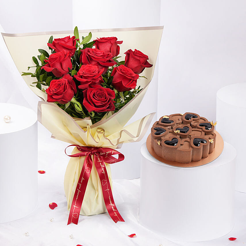 Lovers Bloom 9 Rose Bouquet | Chocolate Cake 500gm