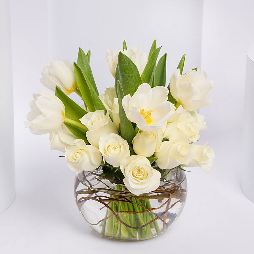 Elegant White Roses & Tulips Vase