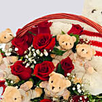 Basket of Cute Teddies & Roses