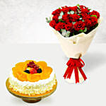 Fruit Cake And Red Rose Bouquet