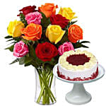 Dozen Mix Roses in a Glass Vase With Red Velvet Cake