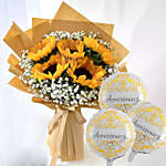 Ravishing Sunflowers Bouquet Beautifully Tied With Anniversary Balloons