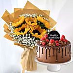 Ravishing Sunflowers Bouquet Beautifully Tied With Chocolate Cake