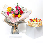 Mixed Color Flower Hand Bouquet with Fruit Cake