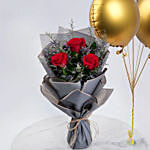 6 Golden Foil Balloons & Dark Pink Rose Bouquet