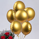 6 Golden Foil Balloons & Dark Pink Rose Bouquet