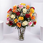 Bunch of 50 Assorted Roses In Glass Vase