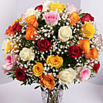 Bunch of 50 Assorted Roses In Glass Vase