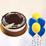 6 Blue & Yellow Latex Balloons With Chocolate Cake