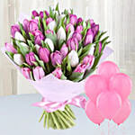 Pink White Tulips Bunch with Balloons