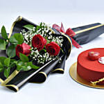 3 Red Roses Valentine Bouquet With Cake