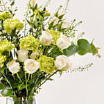 Carnation And Rose In White Vase