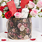 Roses and Chocolates in Printed Hat Box