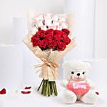 Valentine 12 Pink 12 Red Roses Bouquet With Teddy