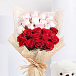 Valentine 12 Pink 12 Red Roses Bouquet With Teddy