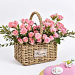 Pink Spray Roses in Small Basket And Cake