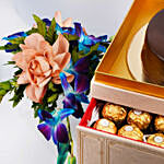 Premium Box Of Fudge Cake Flowers And Chocolates