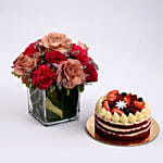 Rose and Carnation Flowers with Red Velvet Cake